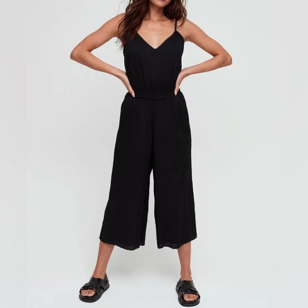 Aritzia Wilfred Irène Lace Trimmed Crop Wide Leg Jumpsuit Black Size Medium